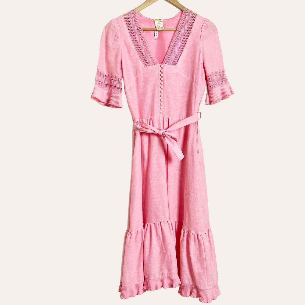 Vintage Pink Lace Trim Ruffle Flounce Hem Belted Midi Dress S